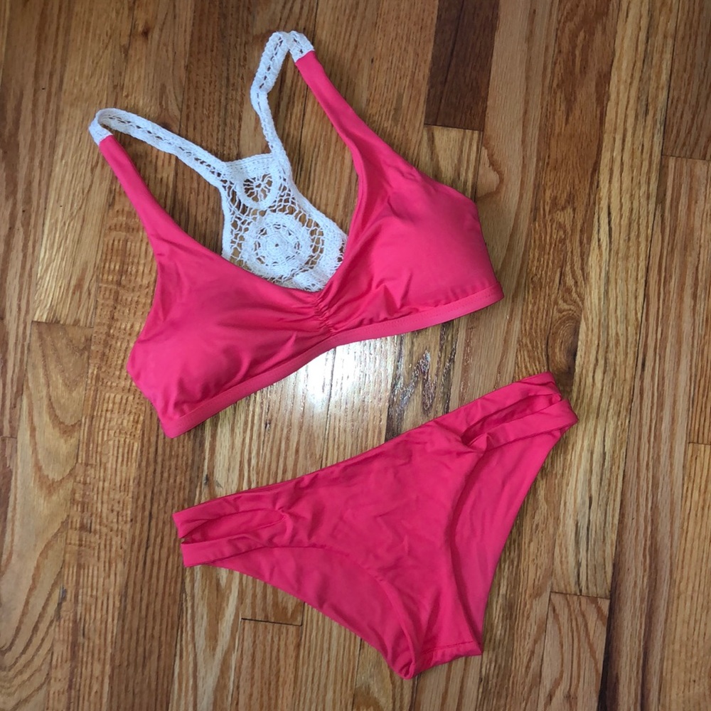L*SPACE Coral Crochet Bikini Set